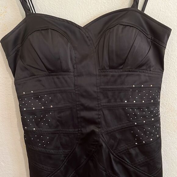 XOXO Black Satin Corset Party Dress with Stud and Rhinestones Accents Size 7/8 - Picture 2 of 10